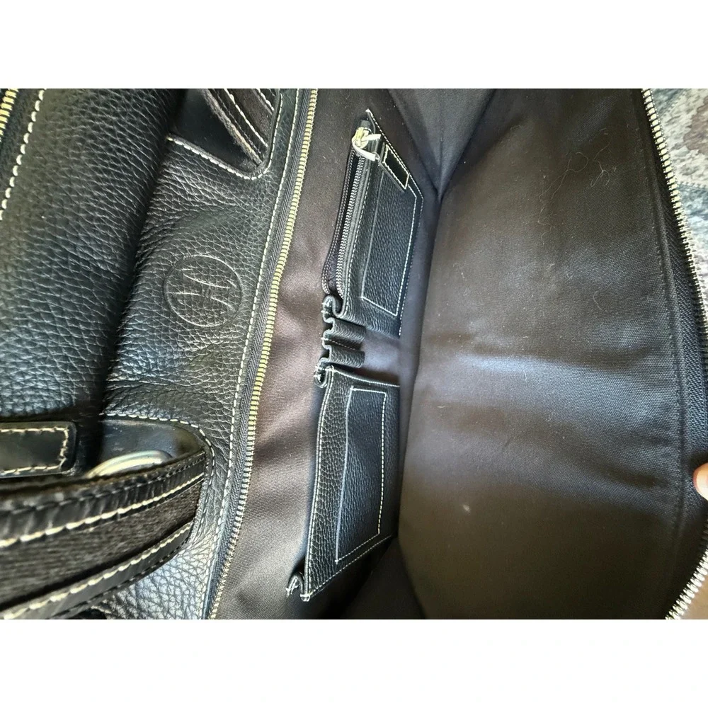 Cole Haan Black Pebbled Leather Briefcase Laptop Messenger Bag Contrast Stitch